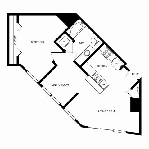 Floor plan for 1 bed, 1 bath, 755 sqft